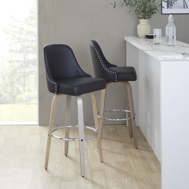 Tabouret de comptoir à hauteur fixe cloutée 27 po avec pieds en bois courbé et repose-pieds rond - ensemble de 2, Gris clair