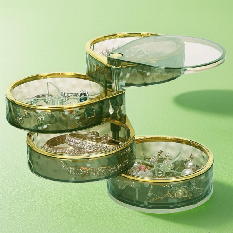 Boîte de rangement rotative pour bijoux à 4 niveaux avec vue - rangement compact pour bagues, boucles d'oreilles, colliers, bracelets et accessoires pour cheveux