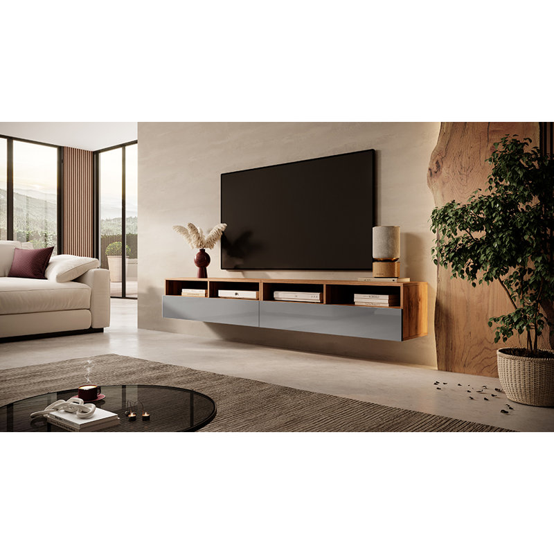Rodley Unfinished TV Stand for TVs up to 88", Wotan Oak/Grey Gloss