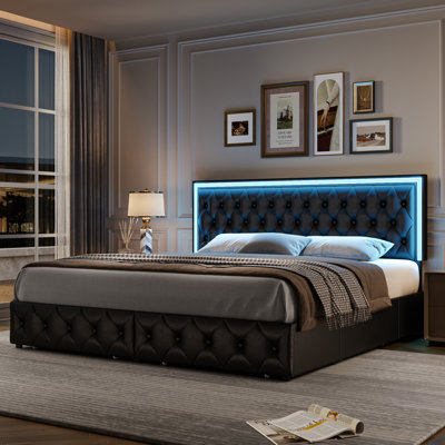 Athanasius Modern LED Platform Bed, PU Upholstered Bed with Storage Drawers, RGB Lighting & Music Sync, Adjustable Headboard, No Box Spring Needed, Easy Assembly