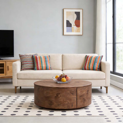 Wood Rotating Coffee Table with 2 Drawers, 360° Rotating Top