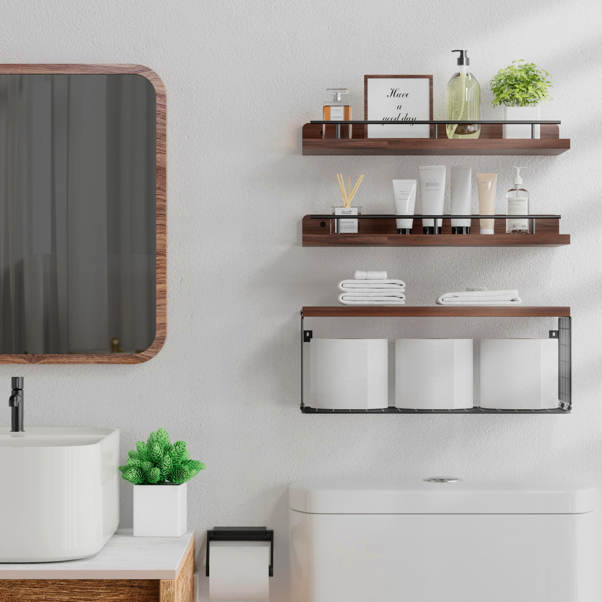 Wall Mounted Whitewashed Wood Bathroom Floating Shelf, 2-Tier Wall