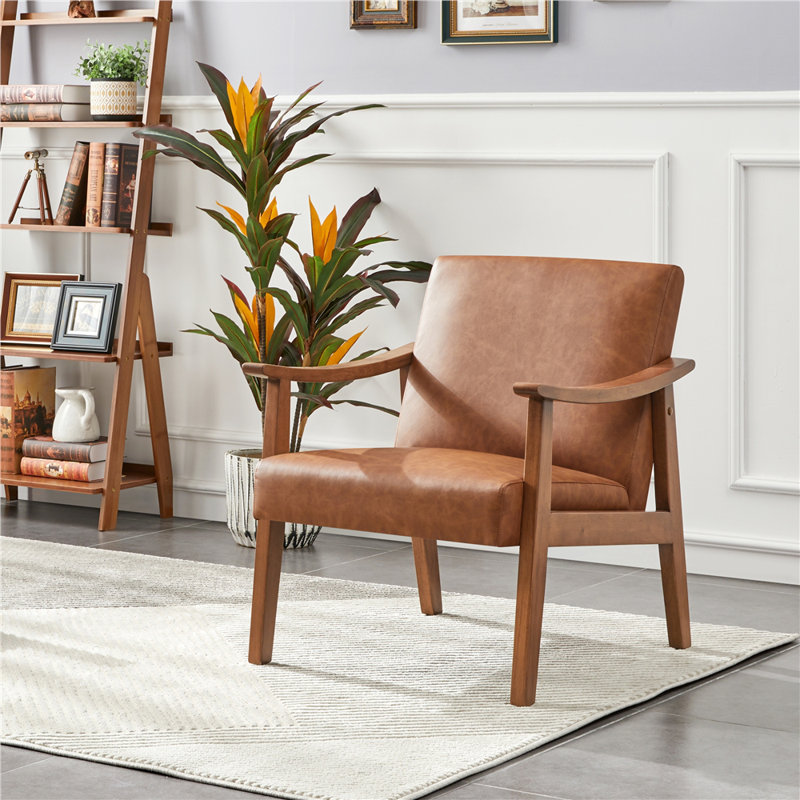 Asmat 24.5" W Mid-Century Modern Faux Leather Armchair with Solid Wood Legs, Light Brown