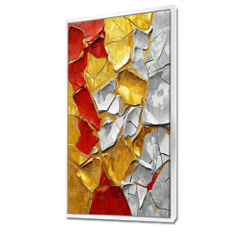 «Abstract Fiery Fragmented Balance I» - Art mural moderne, H 60 po x l 28 po, Reproduction avec cadre flottant, Blanc