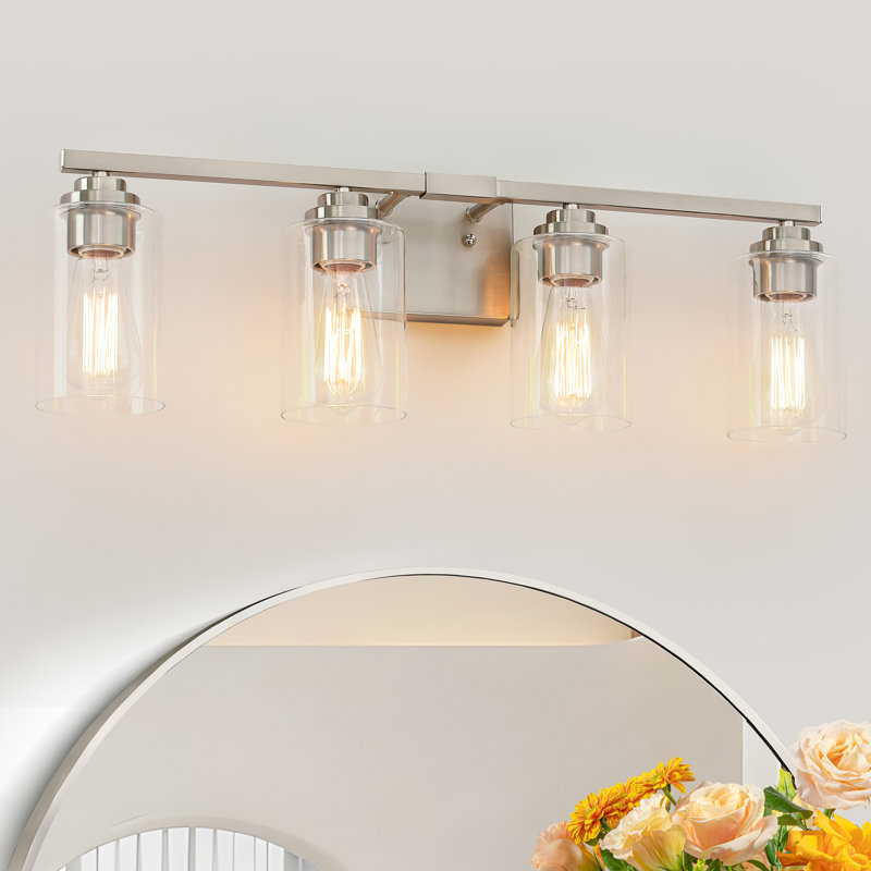 Luminaire de salle de bain à 4 lumières à intensité variable en nickel brossé 27,09 po avec abat-jour en verre transparent