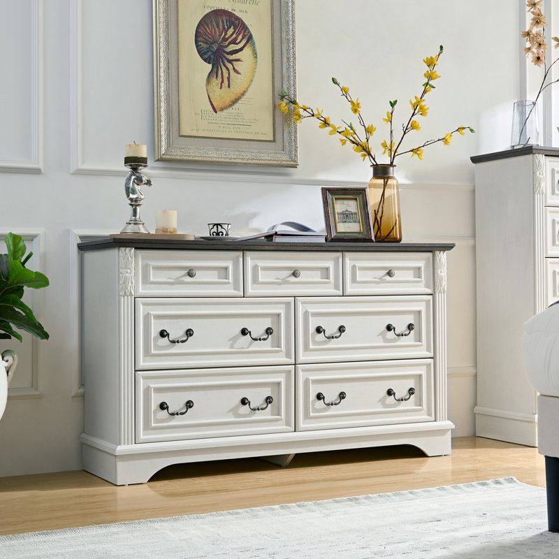 Antique Farmhouse 7-drawer Dresser – Bedroom Storage Chest, White/Brown