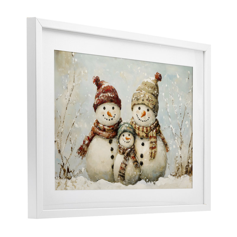 Snowman Family Of Three, impression sous verre encadrée, design par Petal Prints Design, H 14 po x l 20 po