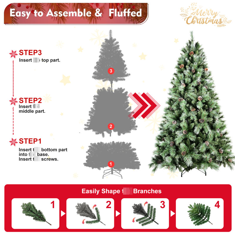 Arbre de Noël de 84 po avec 84 branches de pin, branches mixtes, charnières faciles à assembler, support en métal 1348 et base à aiguille dure à installer pour les décorations des Fêtes