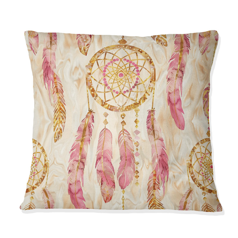 Coussin lombaire Boho Dreamcatcher III doré et rose, Carrée, H 18 po x l 18 po