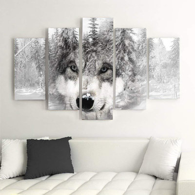 A Gray Wolf In The Forest - 5 Piece No Frame Set on Canvas