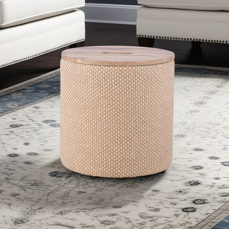 Elegant Beige 16" Round Storage Ottoman with Hidden Compartment, Tan, Jute