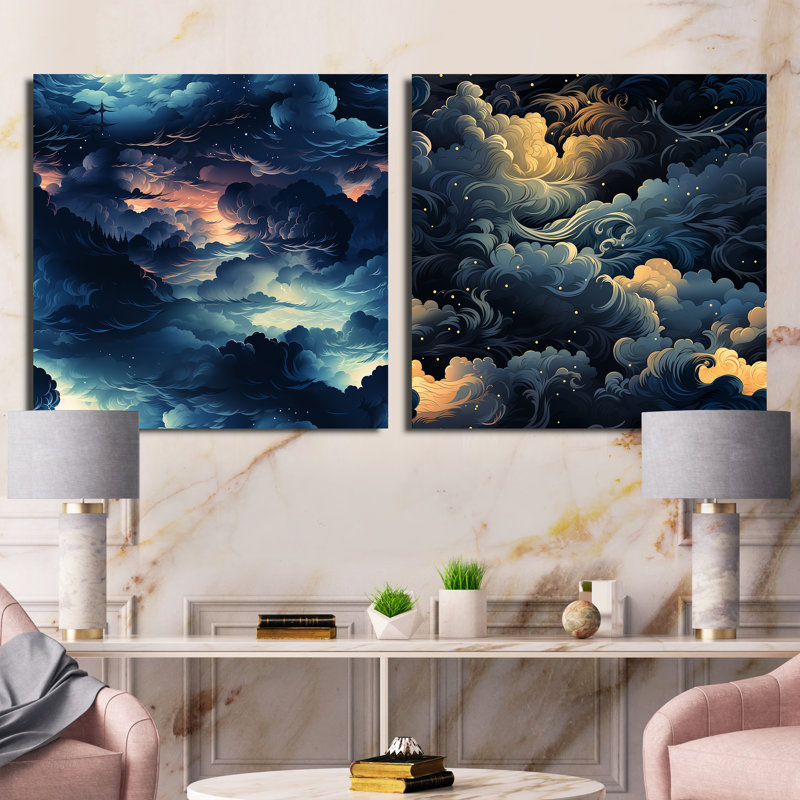 Noir Skies Moody Patterns - Ensemble de 2 collages carrés abstraits, Toile tendue, H 16 po x l 33 po