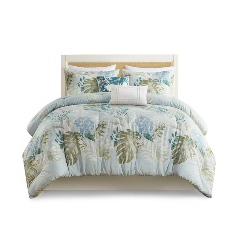 6 Piece Oversized Cotton Comforter Set With Throw Pillow Blue Queen