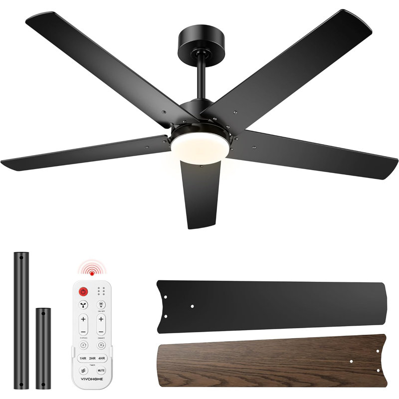 Ventilateur de plafond 52 pouces à profil bas avec lumière DEL et télécommande, Noir, noir, noir, noir