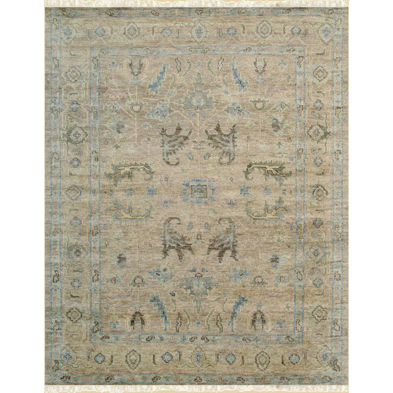 Elegant Hand Knotted Wool Brown and Blue Oushak Rug, 8' x 10'