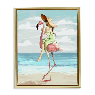 «Beach Woman Riding Pink Flamingo Tall Tropical Bird» par Ziwei Li