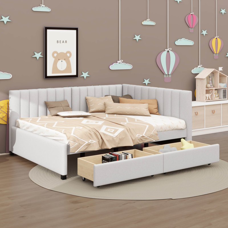 A Full-Sized Upholstered Daybed With Two Built-In Storage Drawers, Beige