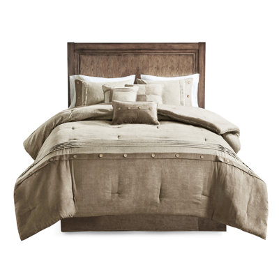 Faux Suede Comforter Tan Queen 7 Piece - Bedding With Decorative Buttons