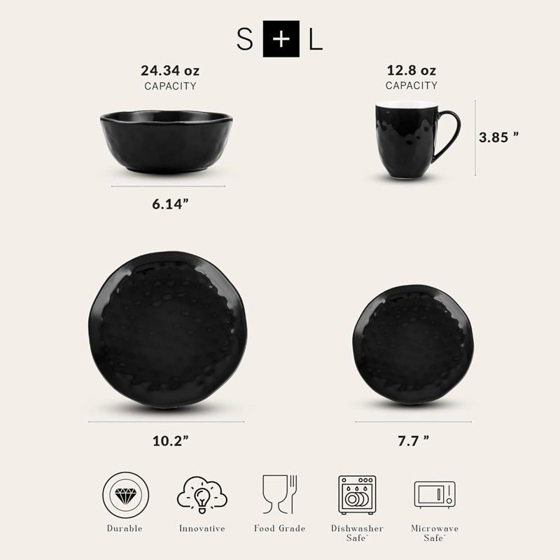 Stone Lain Ivy Stoneware 24 Piece Dinnerware Set, Service for 6, Black, Black