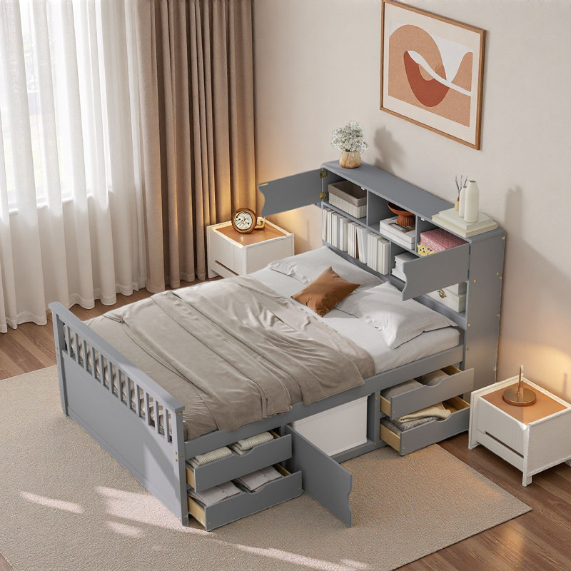 Lit plateforme capitaine avec bibliothèques de rangement et tablettes, quatre tiroirs, Gris