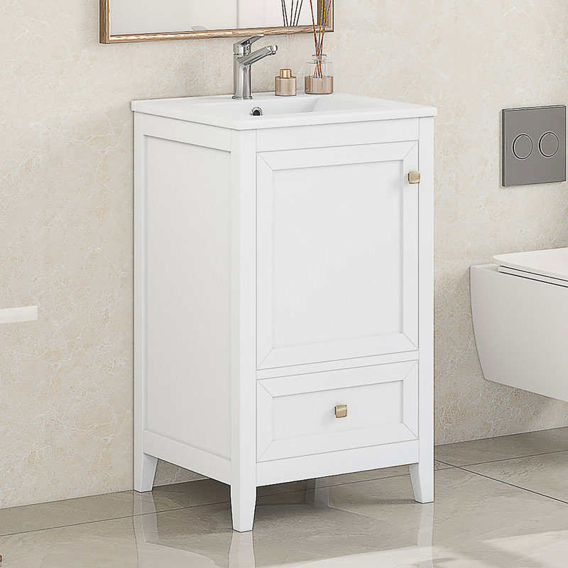 Meuble-lavabo de salle de bain avec lavabo, porte à fermeture en douceur et tiroir de rangement