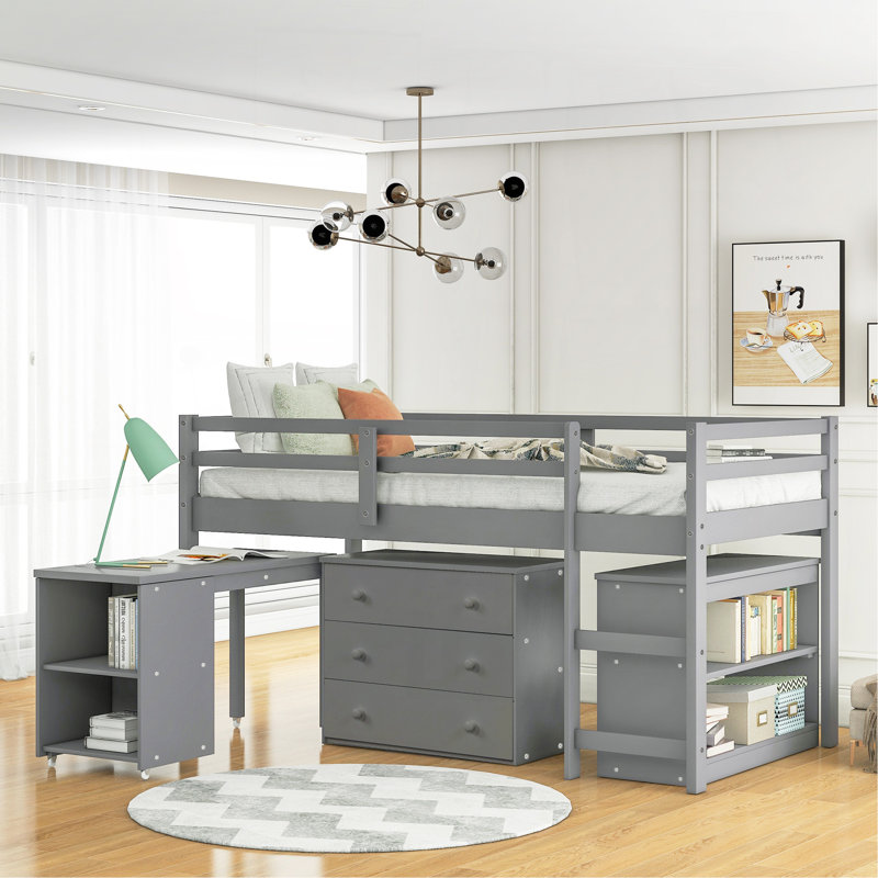 Lit mezzanine simple bas avec cabinet et bureau portatif à roulettes - gris, Gris