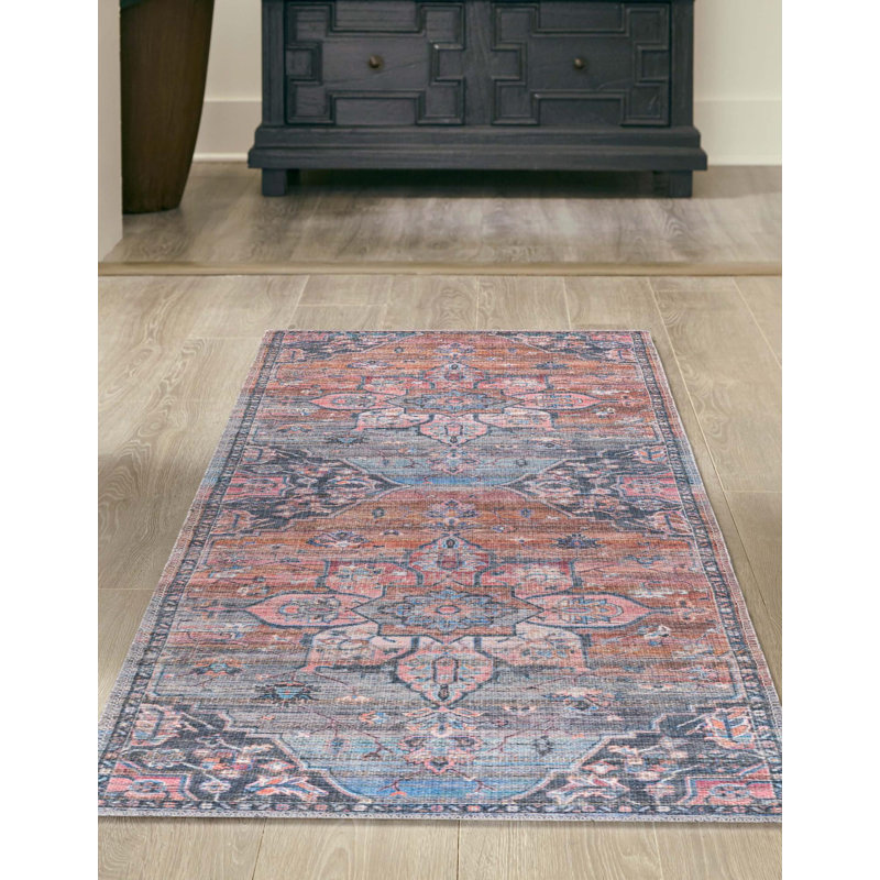 Tapis oriental rose / bleu Gwin, Tapis de couloir 2 pi 7 po x 12 pi