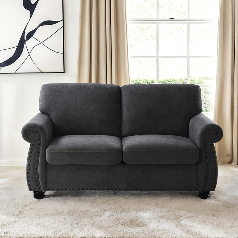Rolled arm nailhead trim upholsterd loveseat, Black, 2