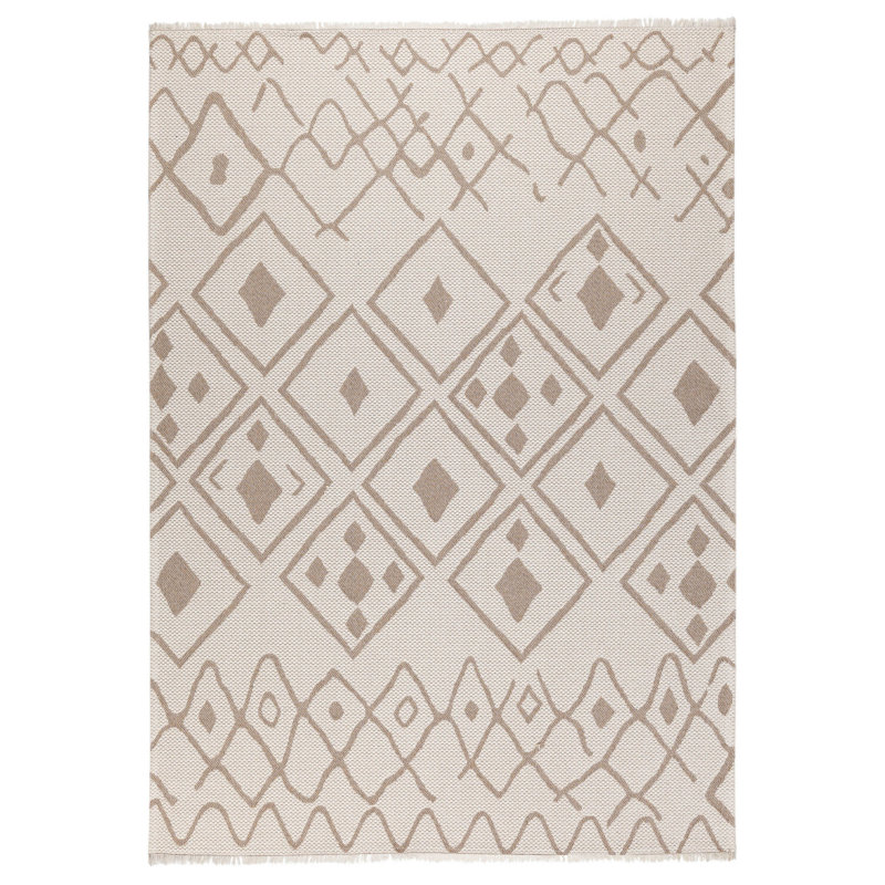 Tapis géométrique tissé à la machine en coton crème / brun, Rectangle 4 pi 11 po x 7 pi 3 po