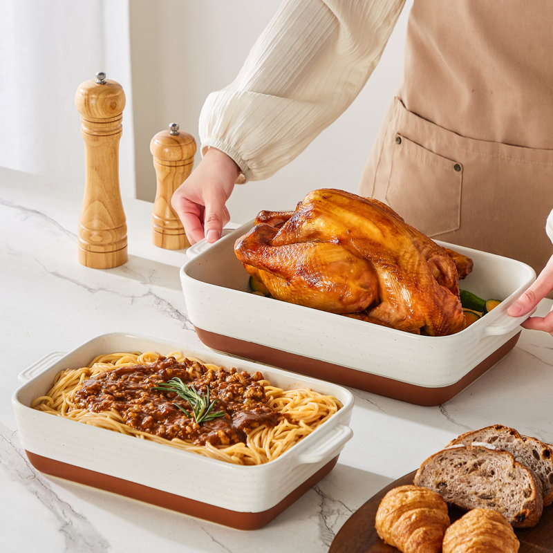 Ensemble 2 pièces de plats de cuisson en céramique deux tons glacis sésame, casseroles kaki et crème pour servir le four à la table