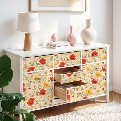 Peel and Stick Wallpaper Contact Paper Floral Red Yellow Cream Self Adhesive and Removable 17.7in x 118in(45x300cm)