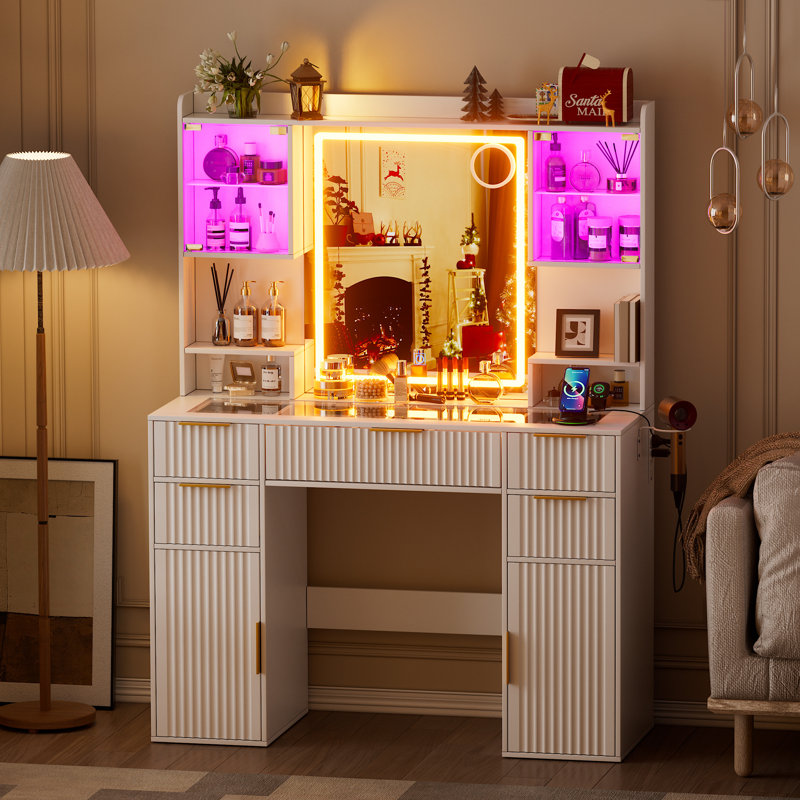 Vanity Desk With Mirror And Lights, Fluted Makeup Vanity Desk With Lights 3 Colours, Glass Top Vanity