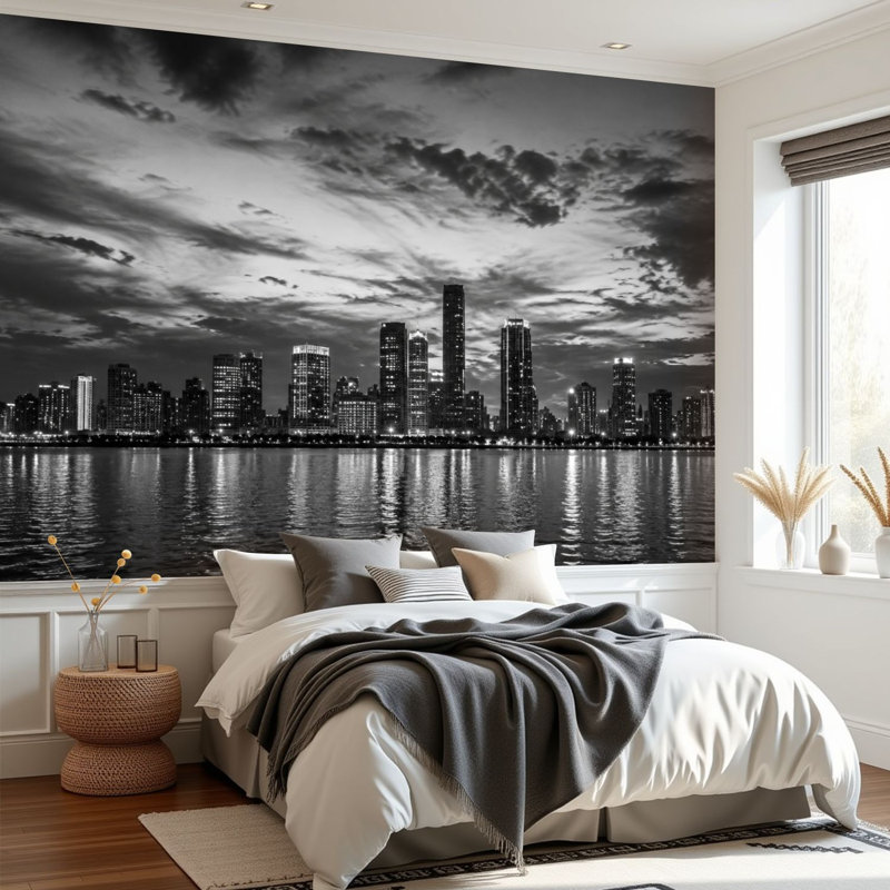 Papier peint adhésif autocollant amovible noir et blanc Chicago Skyline, L 69 po x l 96 po