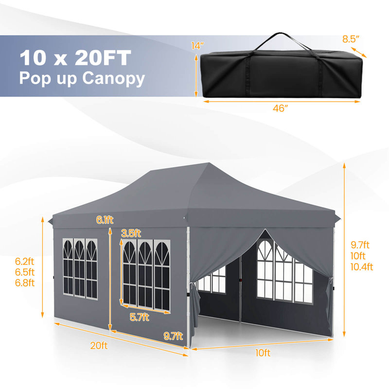 10 X 20ft Pop Up Canopy Outdoor Canopy Tent With 6 Sidewalls Carrying Bag, Gray