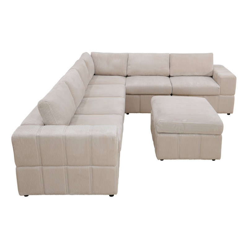 130" Wide 7- Piece Premium Corduroy Reversible Modular Living Room Sectional Sofa With Ottoman, Beige Corduroy