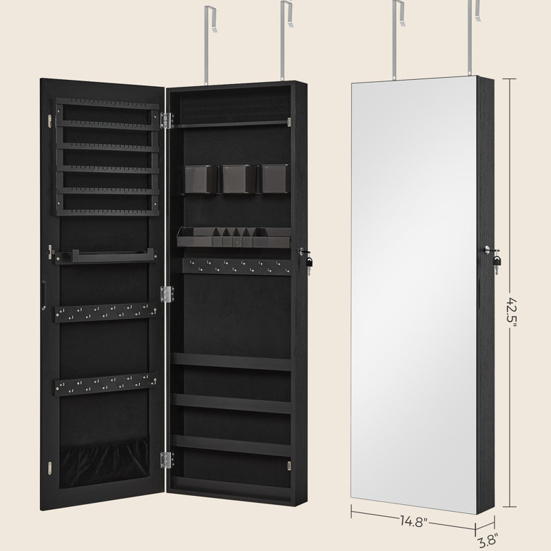 Black Wall-Mounted Jewelry Armoire with LED Mirror
