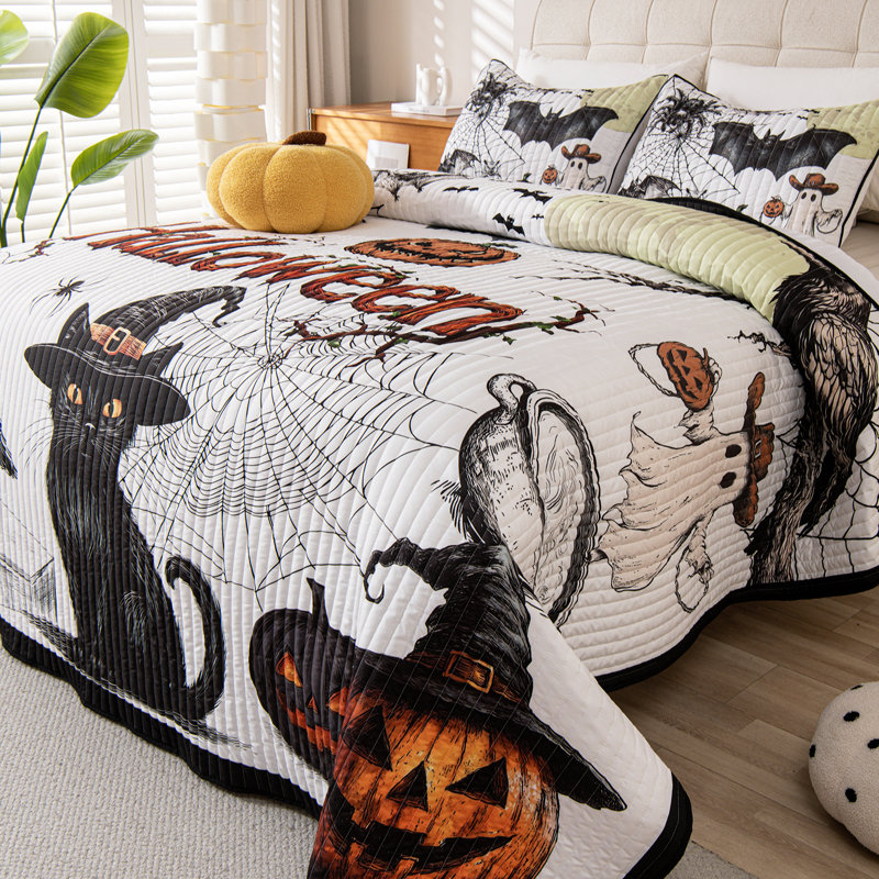 Ensemble de courtepointe 3 pièces Halloween Ensemble de literie réversible Crows Bats, Blanc