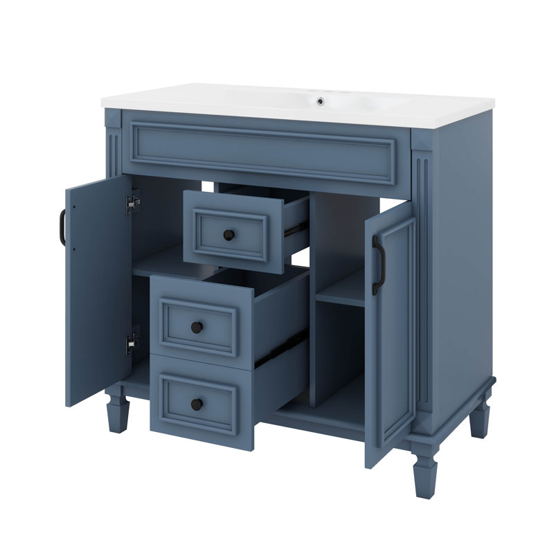 Meuble-lavabo 36 po avec lavabo supérieur, armoire de rangement moderne avec 2 portes à fermeture douce et 2 tiroirs, Bleu