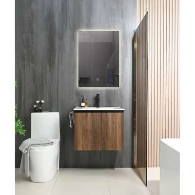 Meuble-lavabo de salle de bain mural 24 po avec porte-serviettes flottant noir et noyer