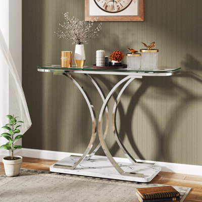 Console en verre trempé Balsam avec base géométrique, table d'entrée moderne pour le salon, couloir