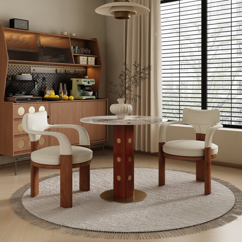 Table de salle à manger contemporaine de 33 po avec pieds en noyer et accents dorés Contemporary Luxe, Beige