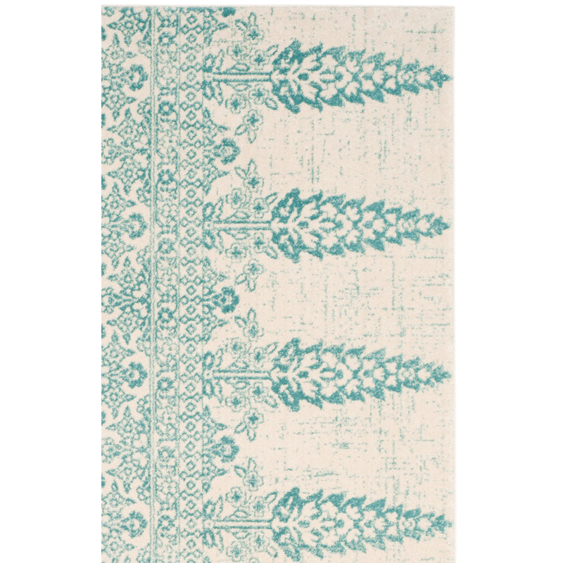Annette Damask Ivory/Teal Area Rug, Square 6'7"
