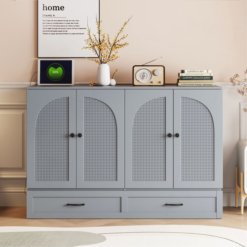Lit escamotable double avec grands tiroirs, Gris, Lit double