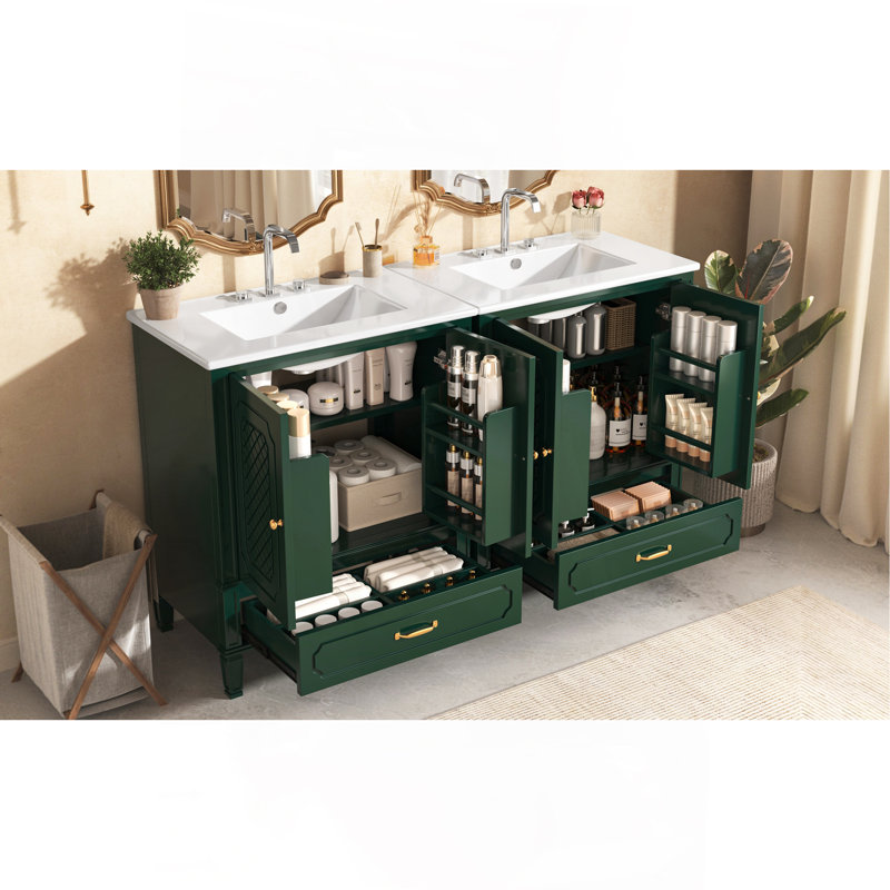 Ensemble de meuble-lavabo 60 po avec lavabo double 60 po, 2 armoires avec porte et 2 tiroirs, vert, Vert