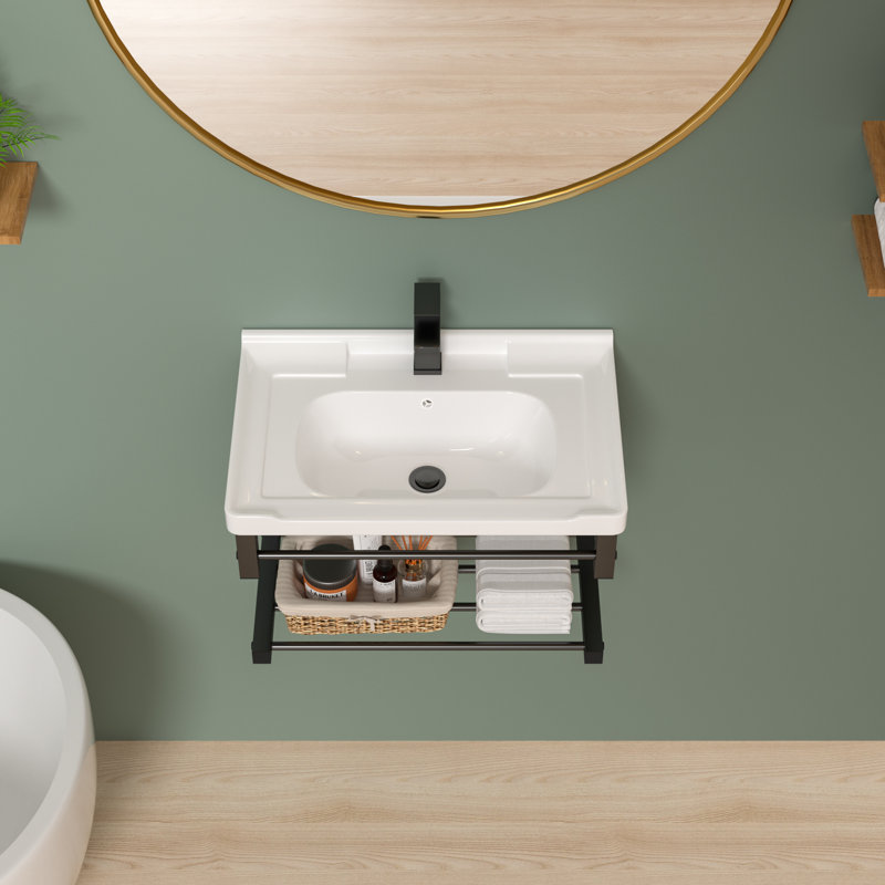 23.7" L x 15.7" W Ceramic Wall Mount Bathroom Sink White Rectangular Wall Hung Sink with Towl Rack and Overflow Hole
