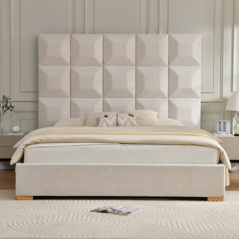 71.5″ High Headboard Upholstered Platform Bed with 2 Large Solid Wood Storage Drawers, Beige, King