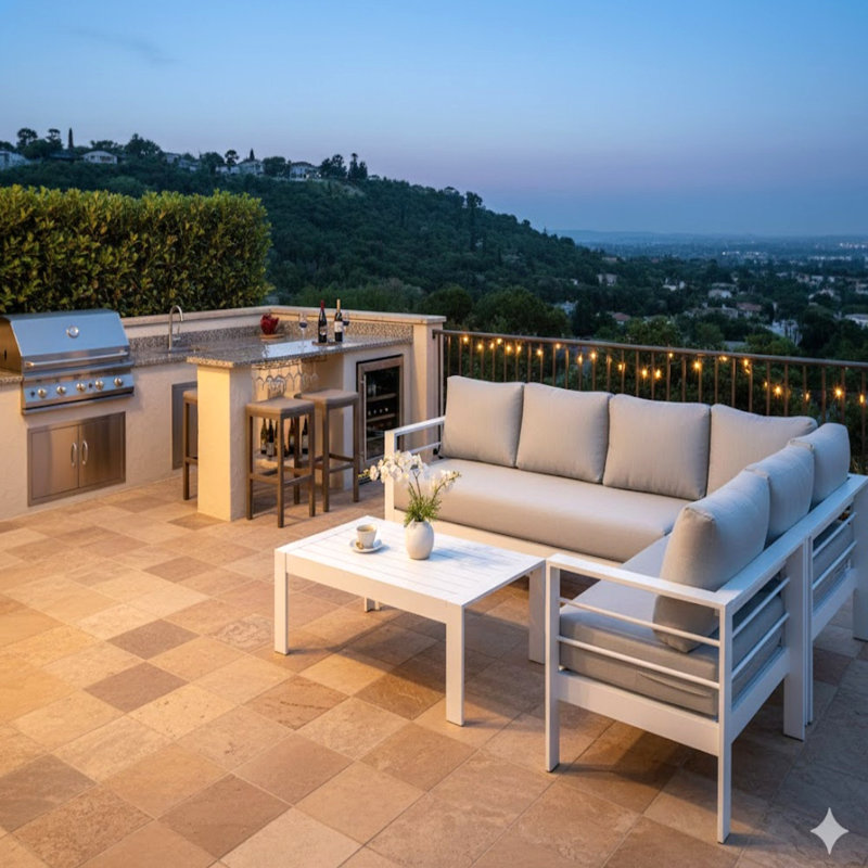 Ensemble de conversation modulaire en aluminium 4 pièces pour patio, canapé 7 places avec coussins gris clair épais et structure blanche et table basse