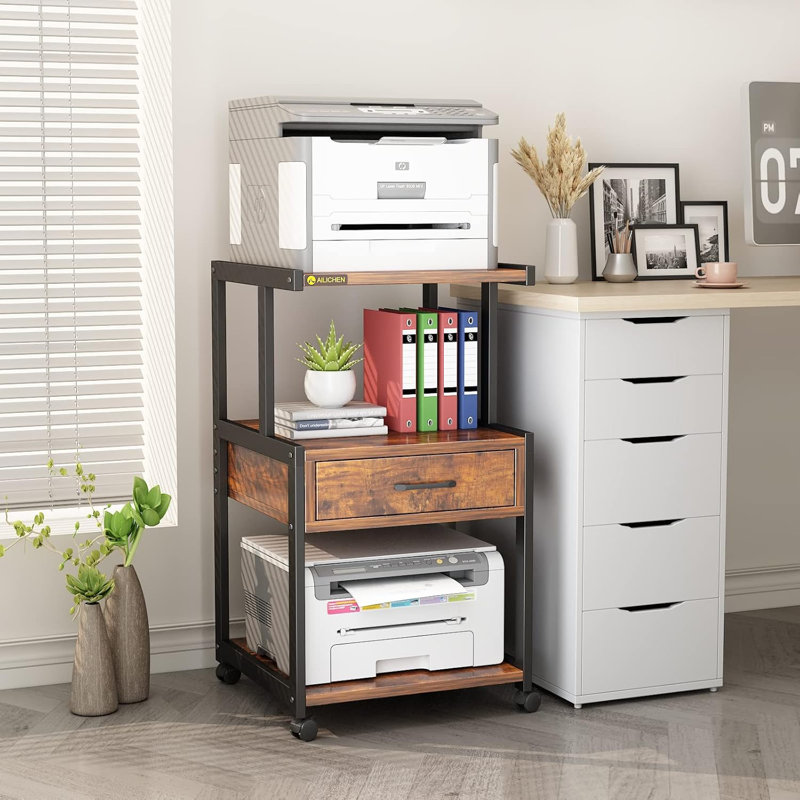 3 Tier Printer Stand with Storage Drawer Rolling Printer Table with Wheels Home Office,Retro, Brown/Black