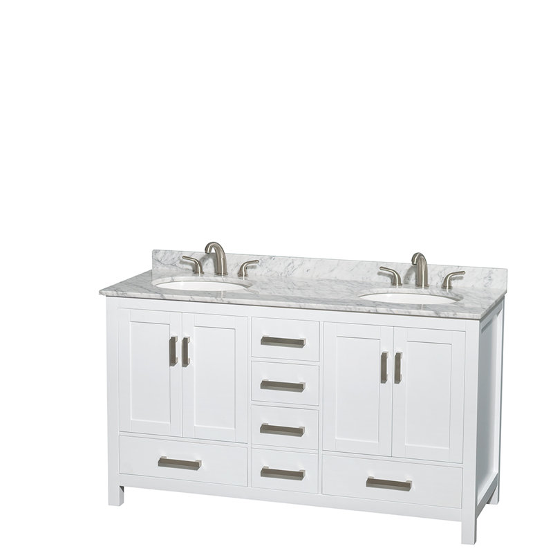 Sheffield 60" Double Bathroom Vanity Set with Mirror, White Carrara Marble, White, 8" Centers