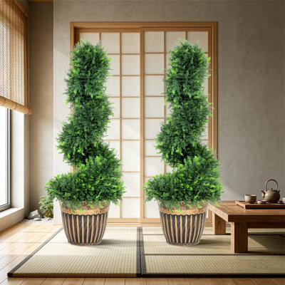 Faux Boxwood Tree Plant in Cement Freestanding Planter